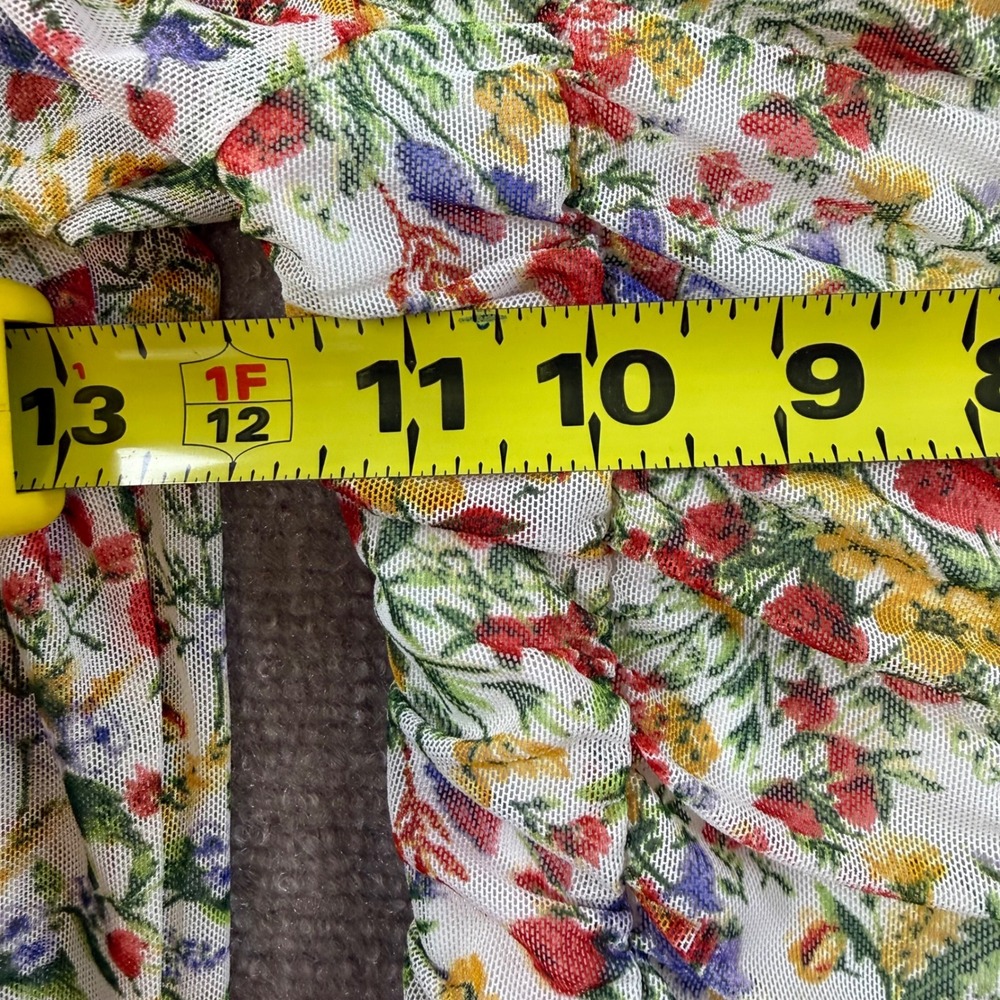 Almost Famous Women Floral Mesh Ruched Crop Top Long Sleeve Smocked Back M Y2K - Picture 3 of 8